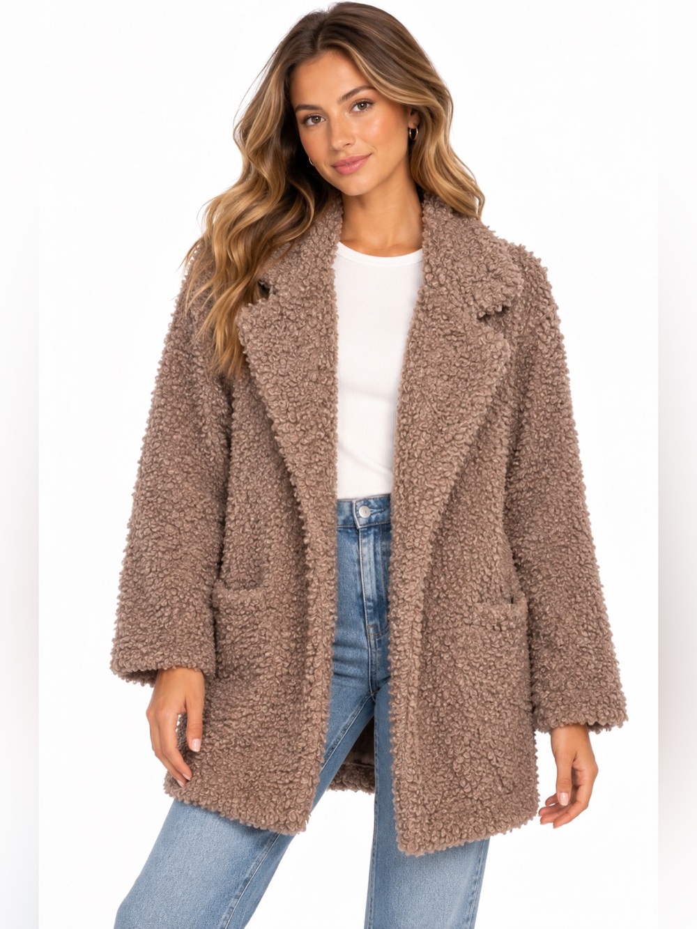 Altar’d State Plush Teddy Coat Womens Size Large in Taupe